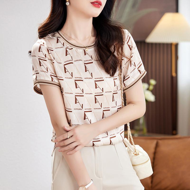 Trendy brand design silk t-shirt short-sleeved top round neck printed temperament beautiful mulberry silk shirt women's