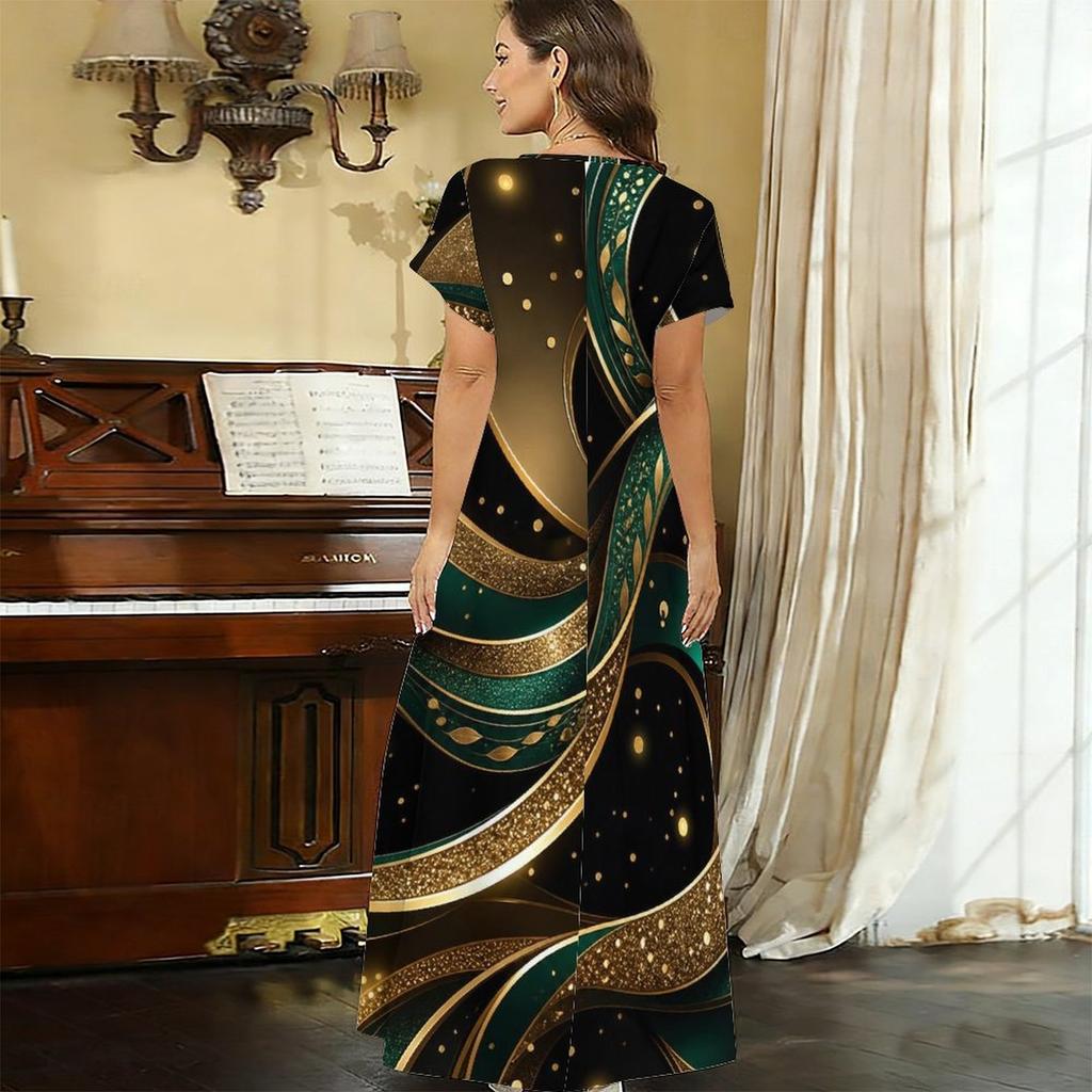 Women Plus Size V Neck Short Sleeve Black Gold Printed Long Straight Maxi Dress