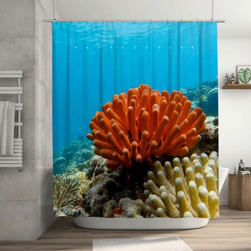 Blue Ocean Coral Shower Curtain 3D Print Bath Decor Waterproof Fabric for Bathroom Showers Easy Installation, Quick Dry Anti-Sli