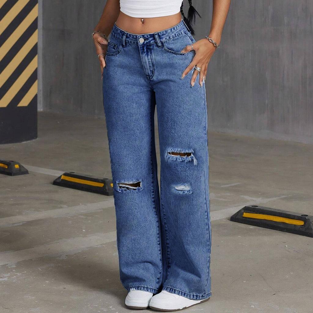 Women's Mid- Stretch Jeans Fashion Straight Leg Denim Pants With Pockets