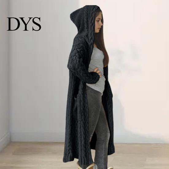 Hooded Coat Women Sweater Jacket with Pockets Mid Length Knitted Twisted Texture Solid Winter Color Long Sleeve Plus Size Thick Daily Commuting