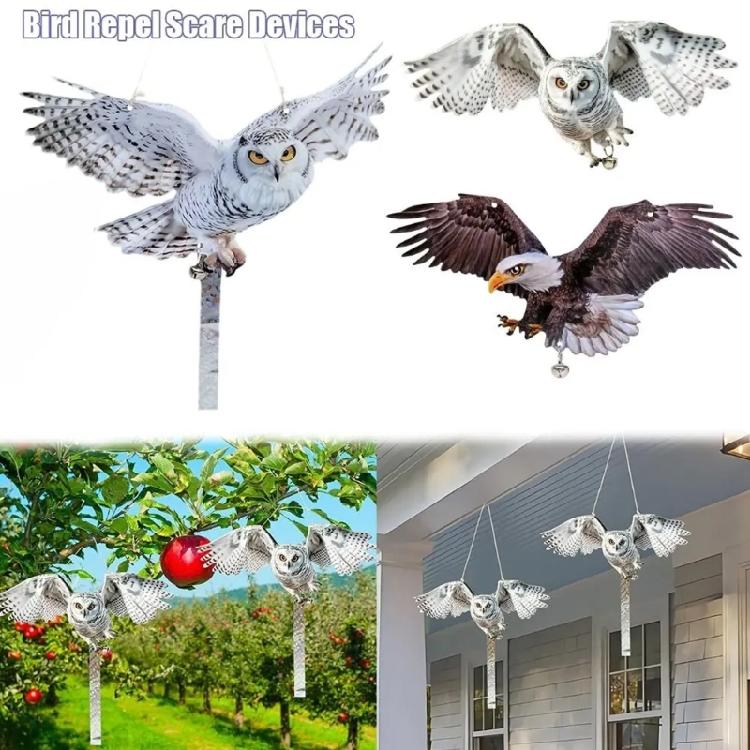 Bird Scare Owl Decors with Mirror Like Strips and Bells for Garage and Roof Defense