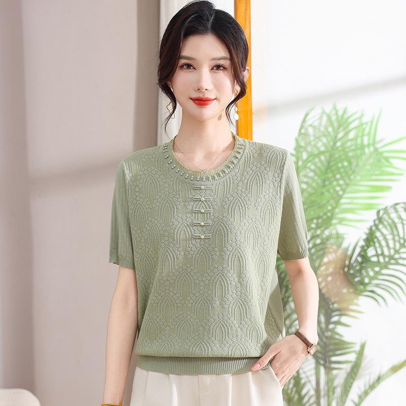 

Mother s Day Silk Short Sleeve Loose Top for Middle-Aged Women 4XL (135-150 lbs recommended) зелёный