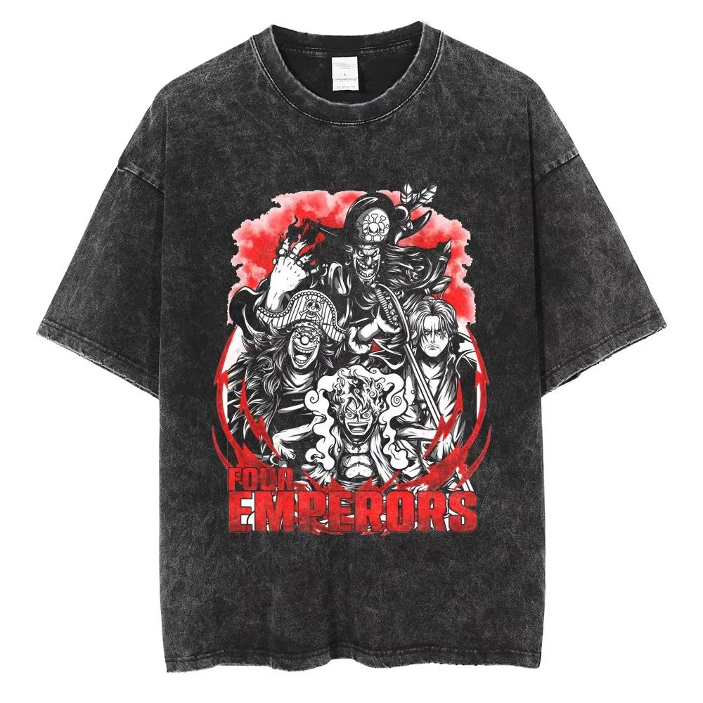 Luffy ONE PIECE Anime Harajuku Vintage Washed Retro Tshirt Cotton Mens Streetwear Womens Shortsleeved Unisex Top
