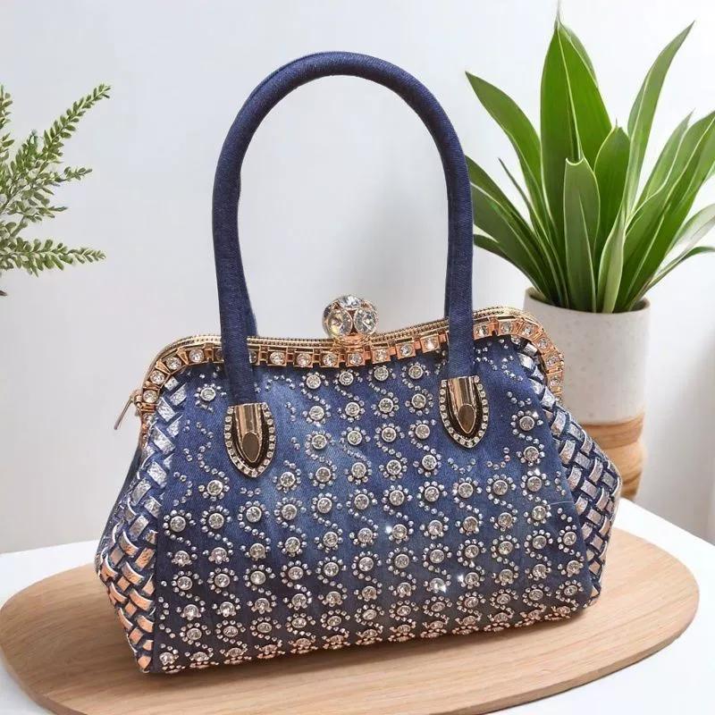 

2025 Новая Модная Сумка Под Мышку Универсальная Одноплечевая Сумка Кроссбоди Джинсовая Сумка Инкрустированная Бриллиантами Сумка Большой Вместимости для Женщин синий