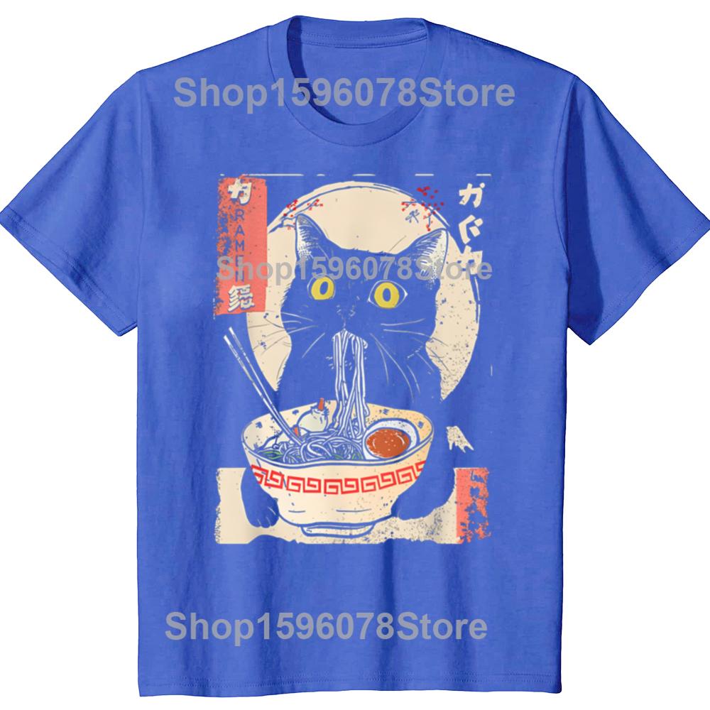 Kawaii Cat Eating Ramen Noodles Funny Anime Tshirts Men Fashion Print Tshirt Loose Oversized Streetwear Hip Hop Unisex T Shirt