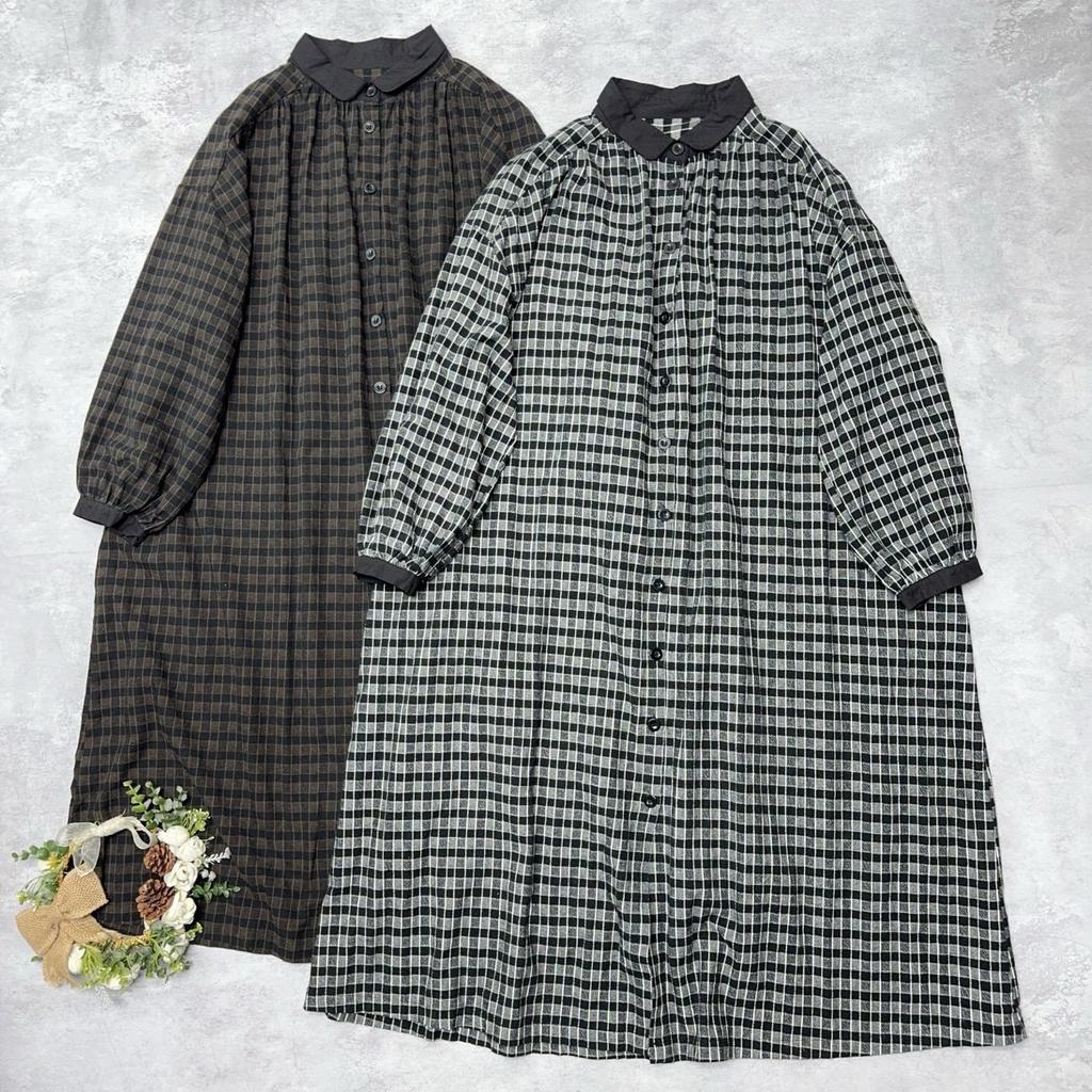 Johnature Japanese-style Color-blocked Collared Plaid Button-down Dress Spring Autumn Dresses