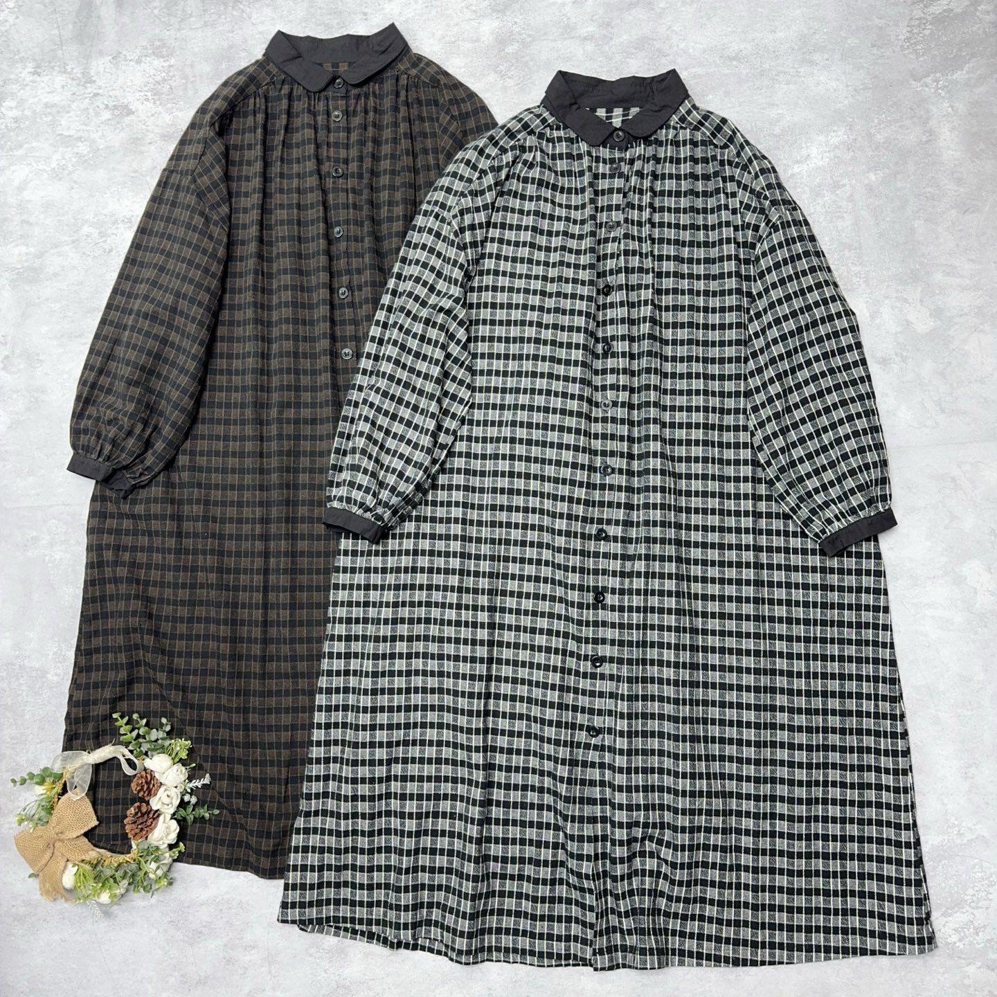 

Johnature Japanese-style Color-blocked Collared Plaid Button-down Dress Spring Autumn Dresses One Size чёрный
