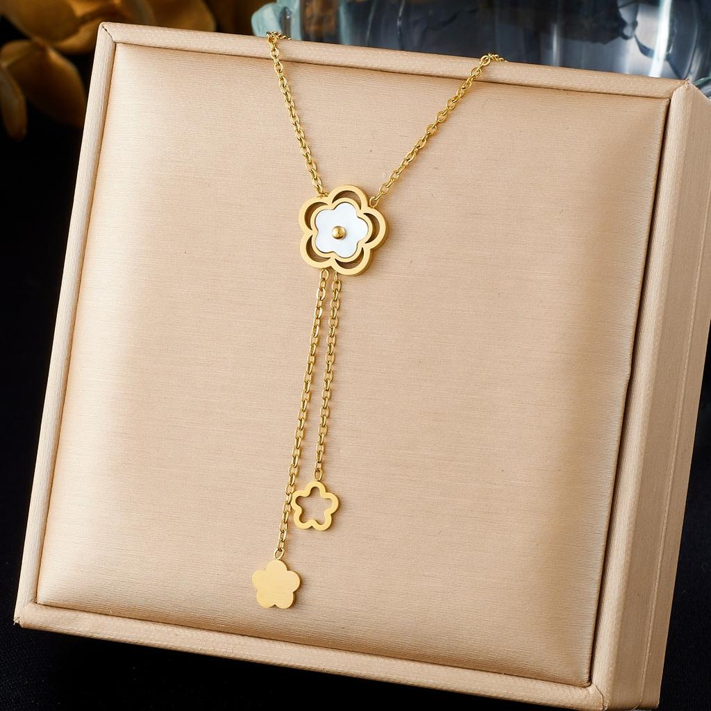 DIEYURO 316L Stainless Steel White Shell Petal Hollow Golden Flower tassel Pendant Necklace Lady Fashion Clavicle Chain Jewelry