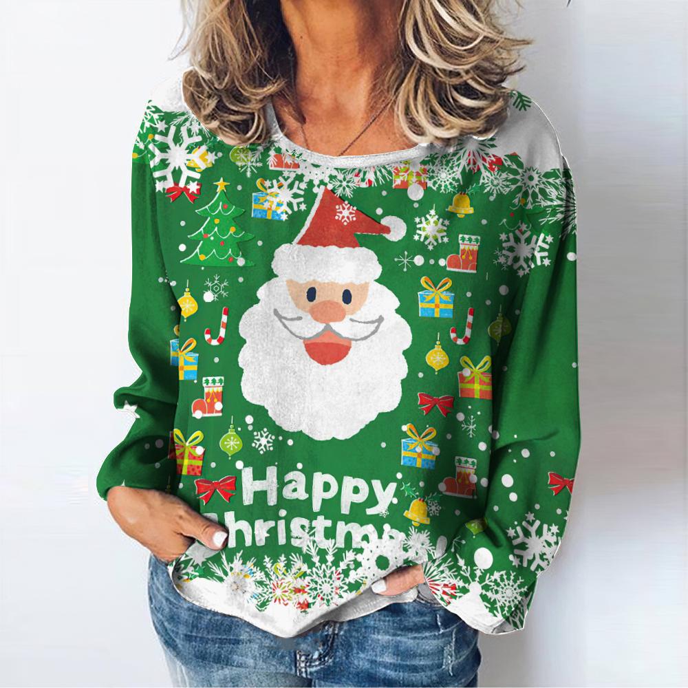 Christmas Women's T-shirt Autumn O-neck Sweater Snowman Print Long Sleeve Female Harajuku Streetwear Oversized Clothing For Lady