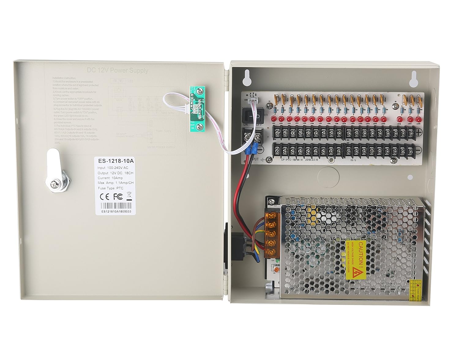 

18-Channel DC12V 10A Reset Fuse CCTV Power Box with AC Plug & Lock for Security Cameras, DVRs United States