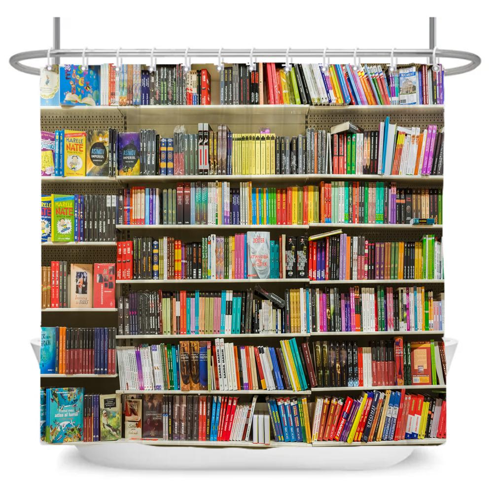 Retro style Art Bookshelf Printed Shower Curtain Bathroom Waterproof Bath Curtain With Hook Home Decoration Curtain Wall Cloth