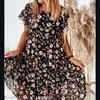 Summer Short Sleeve Round Neck Fashion Sexy Flower Print European and American Pleated Dress Women's Casual Dress