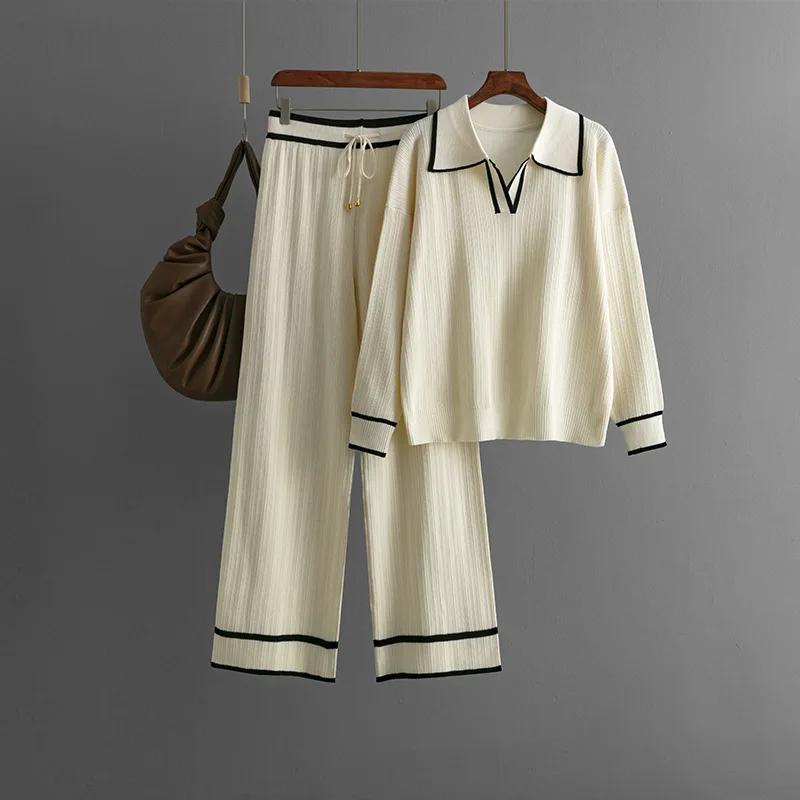 Herbst Winter 2 Stück Damen Sets Gestrickter Trainingsanzug Polokragen Pullover und gerade Jogginghose Anzüge Damen Outfits Pullover