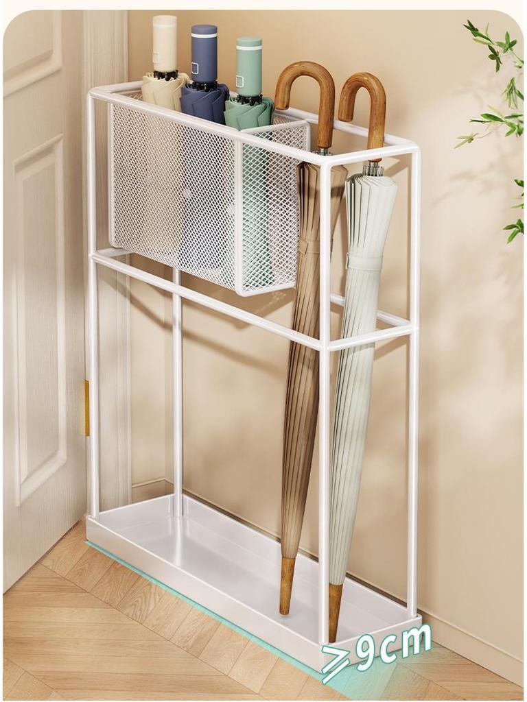 Wrought Iron Umbrella Stand: Compact Doorway Storage Rack & Draining Shelf