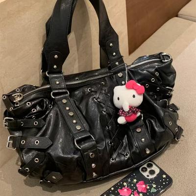 Rivet Luxury Desinger Vintage Women's Handbag Fashion High Quality Lace-up Punk Motorcycle Bag Ladies Large Capacity Travel Bag