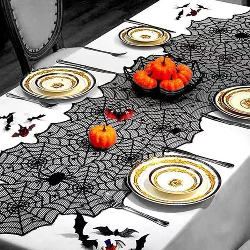 Spooky Black Lace Halloween Tablecloth Decorative Table Runner for Mantel Dining Table Ghost Party Home Indoor Decoration Prop