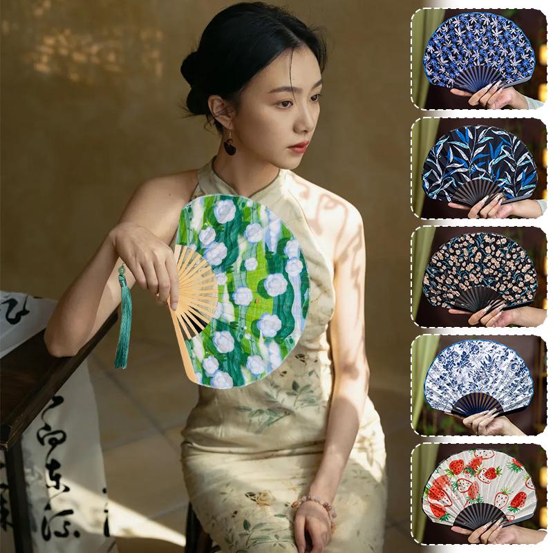 Vintage Shell-Shaped Folding Fan Portable Retro Cotton-Linen Chinese Style Hand Fold Fans Cheongsam Catwalk Dance Props Gifts
