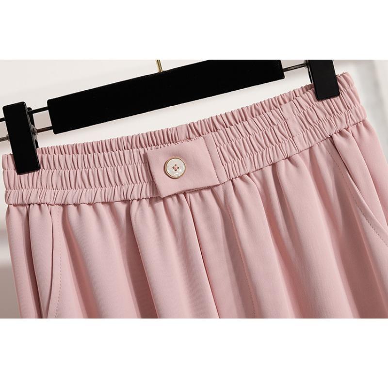 DIMANAF 2025 Plus Size Summer Long Pants Women Elastic Waist Casual Loose Pink Pants New Solid Pants