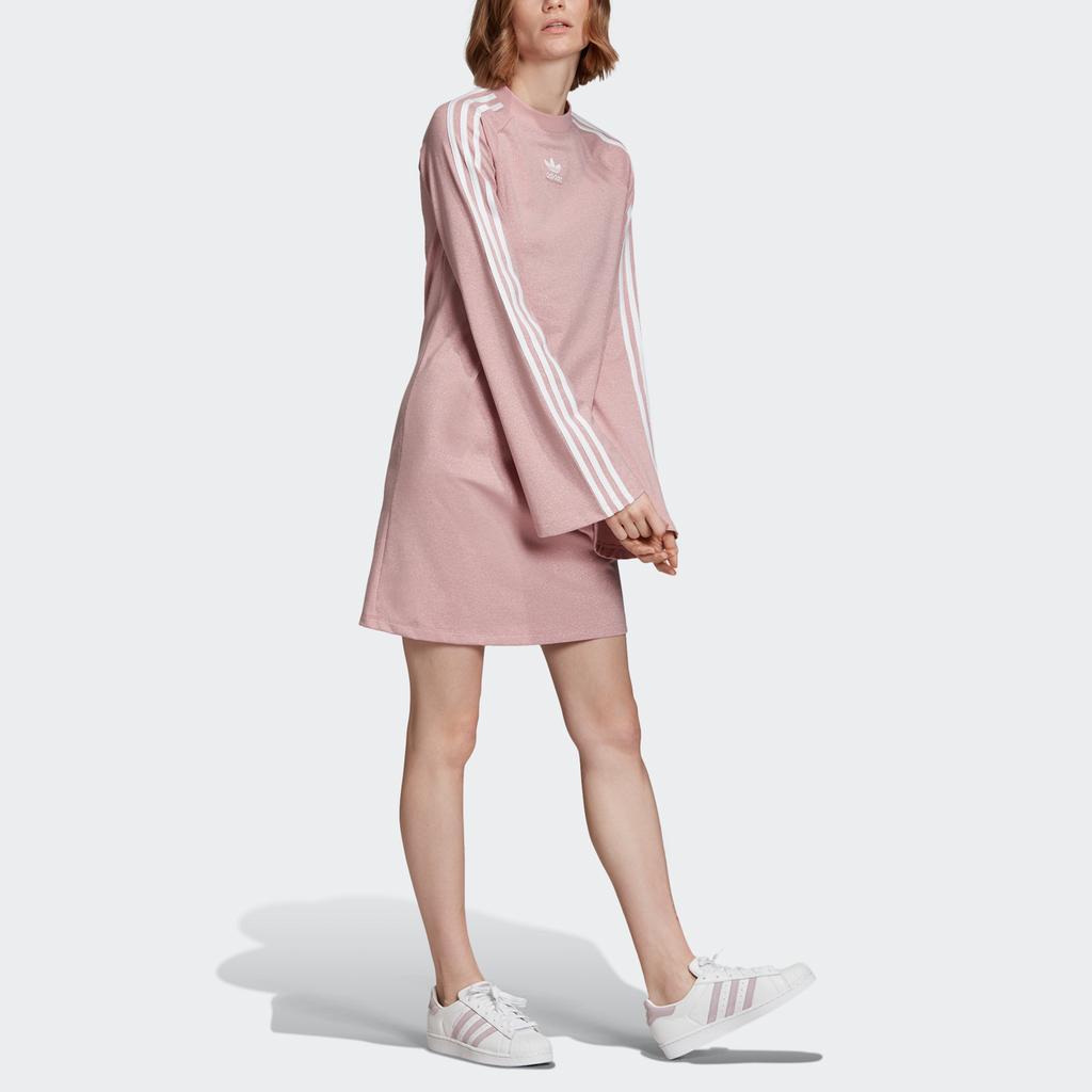Adidas Originals Glitter Dress Three Stripes Long Sleeve Dress Women dresses Pink ED4783