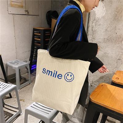 11 Embroidered Smiley Large Capacity Shoulder Bag Hairball Shoulder Strap Student Class Female Canvas Bag