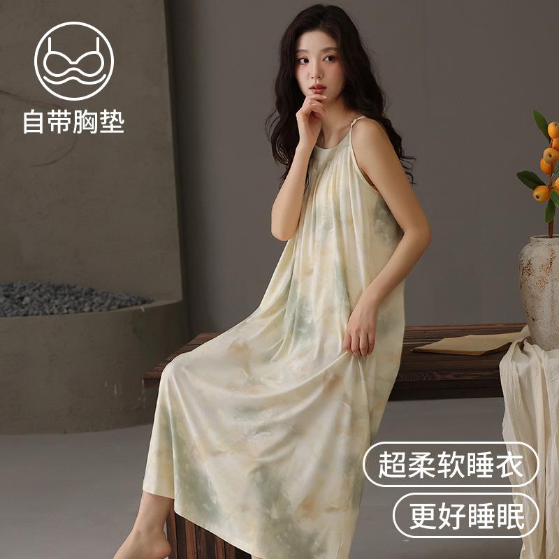Modal nightdress women's summer new cool ice silk suspender sexy nightdress with chest pad pajamas loungewear summer