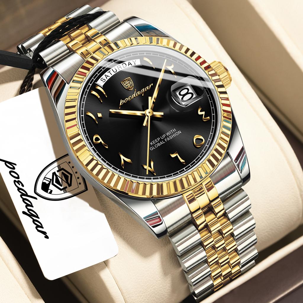 POEDAGAR Fashion High Quality Men Clock Waterproof Date Week Watch for Man Stainless Steel Luxury Quartz Watches + Box
