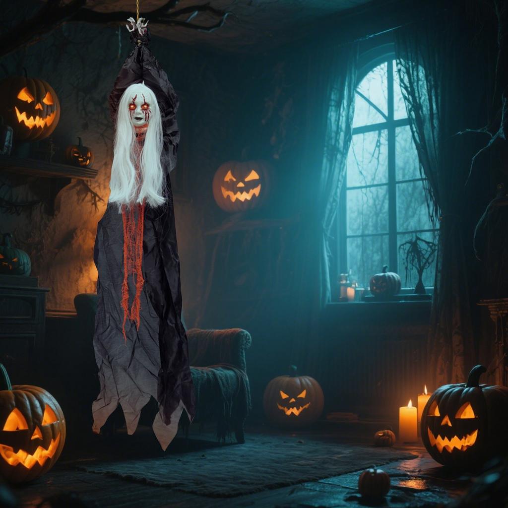 Halloweenská dekorace Závěsná čarodějnice kostra , Strašidelná létající pro venkovní halloweenské dekorace, Ponurý žnec se svítícíma očima pro dekoraci strašidelného domu, Pati