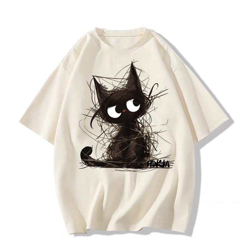 Unisex American Retro Black Cat Print Oversized T-Shirt - Summer Pure Cotton Short Sleeve Top
