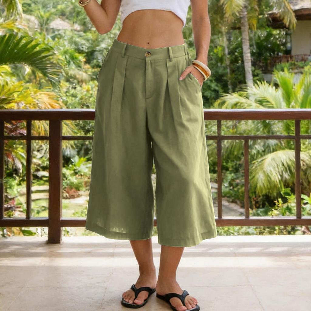 Women’s Casual Loose Fit Cropped Pants with Pockets Relaxed Mid Waist Wide Leg Seven Quarter Length Trousers for Everyday Wear