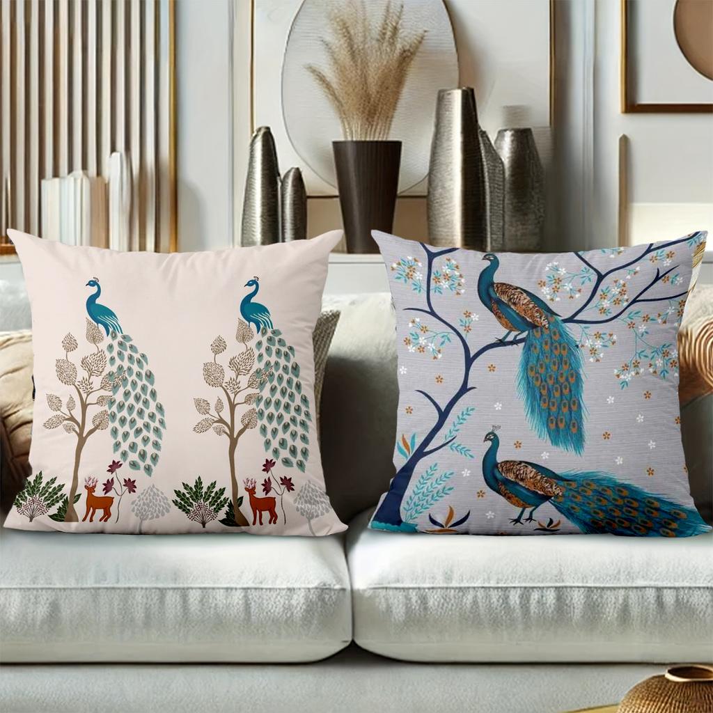 Peacock Tree Deer Printed Decorative Cushion Covers Polyester Pillowcase, Sofa Decorative Cushion Cov Headboard Pillow