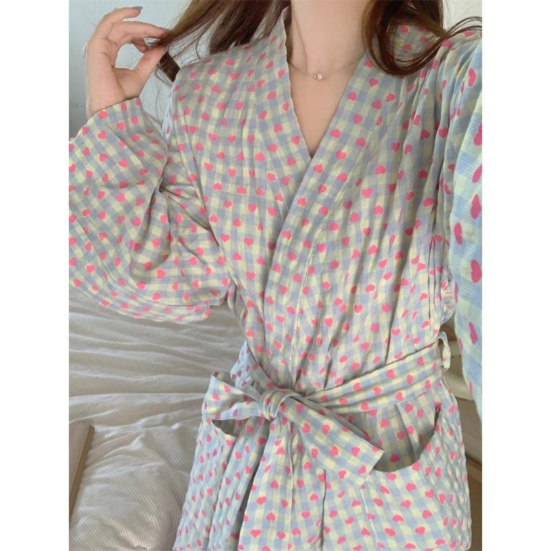Bathrobe Women's Bathing Plaid Loose Long Sleeve Long Kimono V-neck Lace Up Trousers Nightgown Sexy Robe