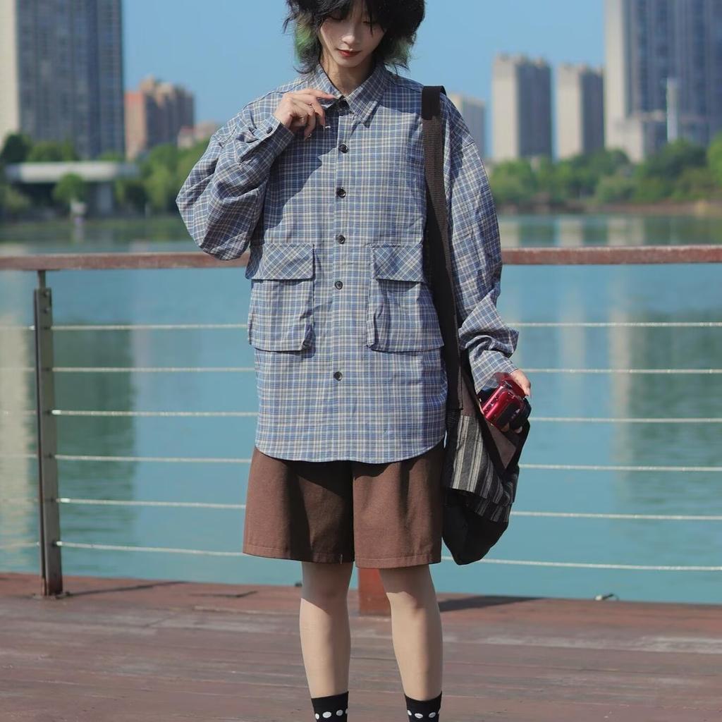 Boyue Qiyue Japanese Style Plaid Long-Sleeved Shirt Trendy All-Matching and Handsome Casual Ins Workwear with Pocket Coat for Men and Women