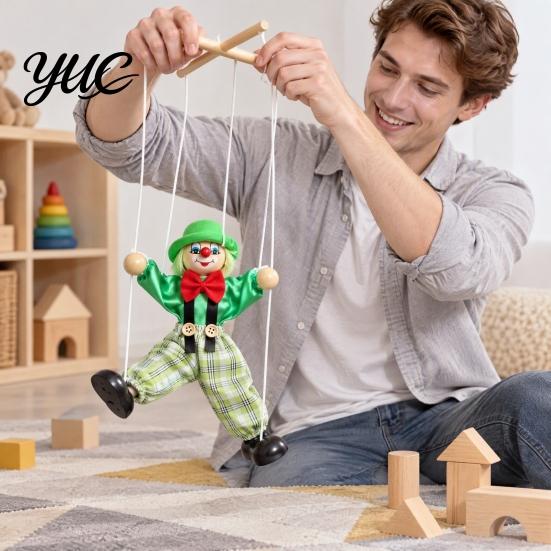 Classic Storytelling Puppet Wooden Clown Marionette Toy, Vintage Pull String with Movable Interactive Limbs, Handcrafted Theatre Toy for Kids