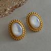 Retro Court Style Bead Edge Stud Earrings Oval White Fritillary Niche Design Earrings Gold and Silver Two-color Light Luxury Versatile Earrings