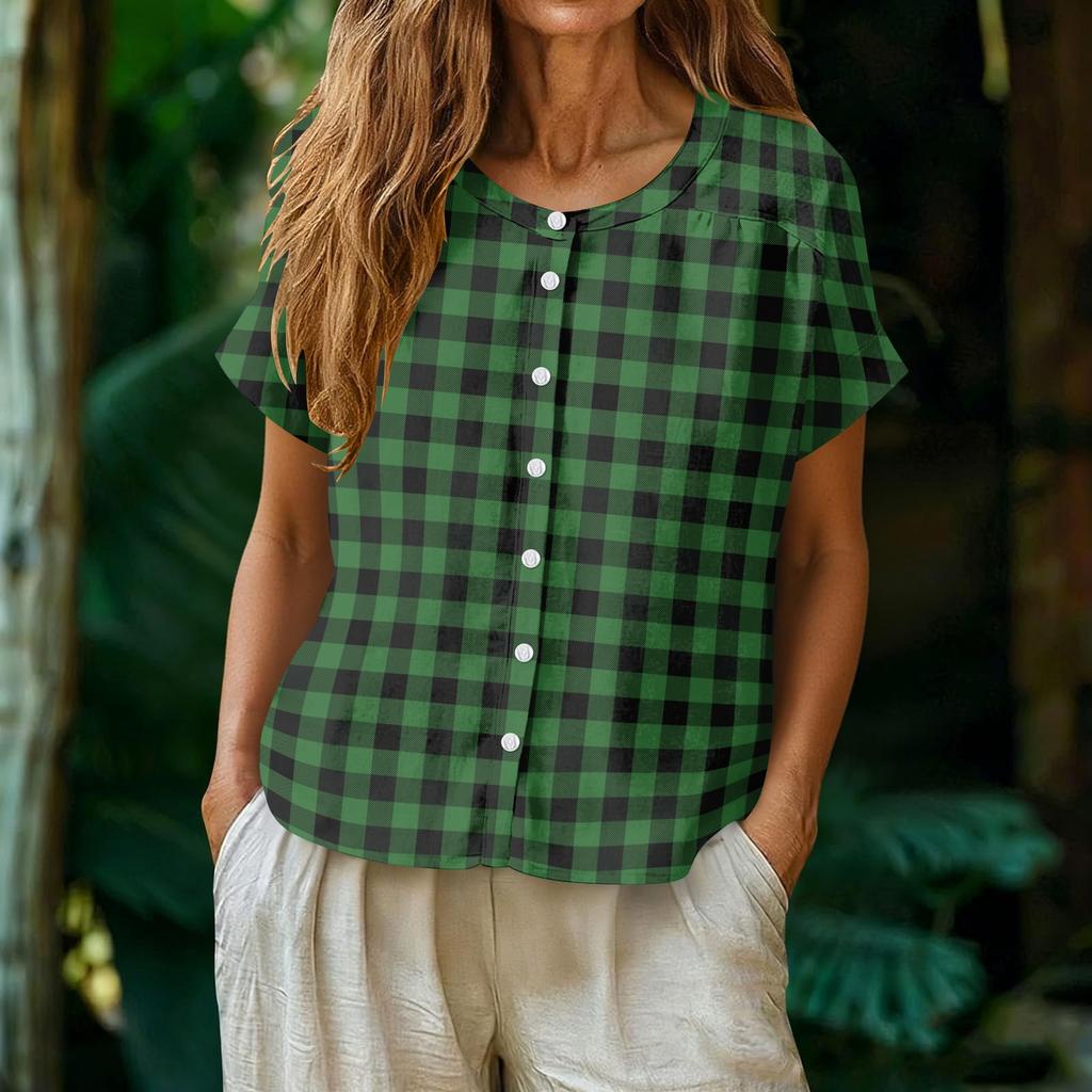 Camicia da Donna alla Moda con Collo Henley, Monopetto a Bottoni, Stampa a Quadri, Manica Corta, Blusa Casual Leggera