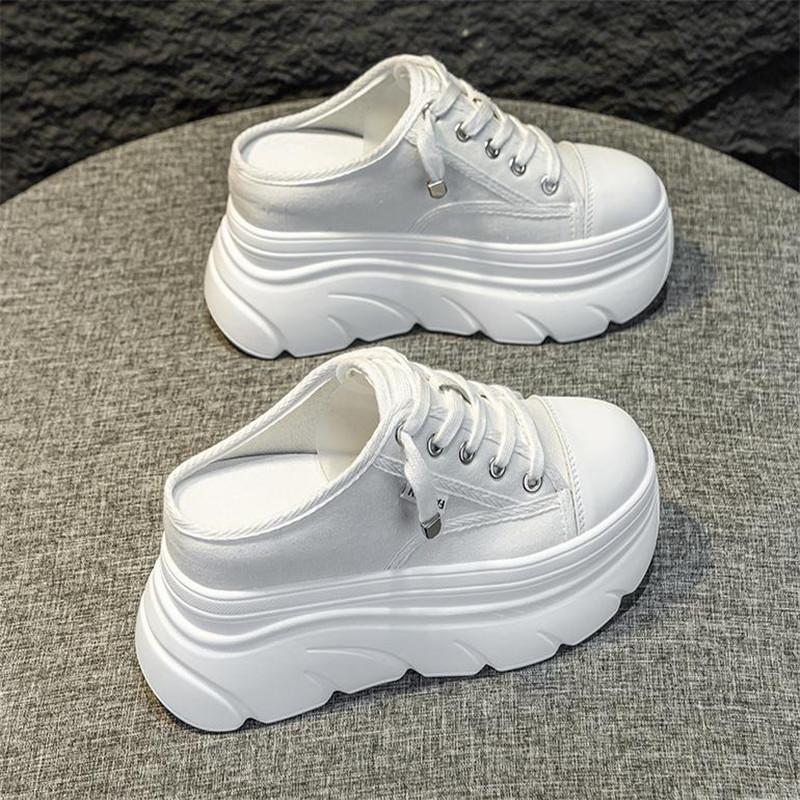 Fashion 9cm Canvas Genuine Leather Women Summer Shoes Wedge Sneakers Platform Slippers Shoes Slip on Sandals Slideds High Heel