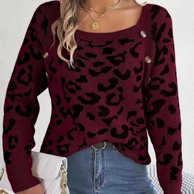Vintage Leopard Color Cardigan Knitwear Long Sleeve Loose Sweater O Neck Top for Autumn Winter