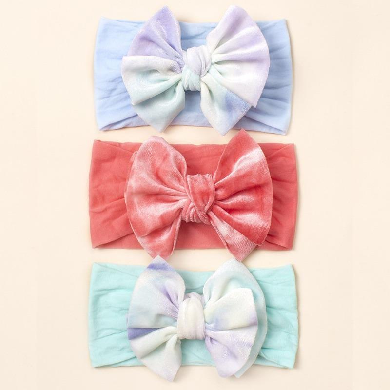 Children's nylon headband three-piece set, cute new headscarf set, golden velvet bow baby headband.