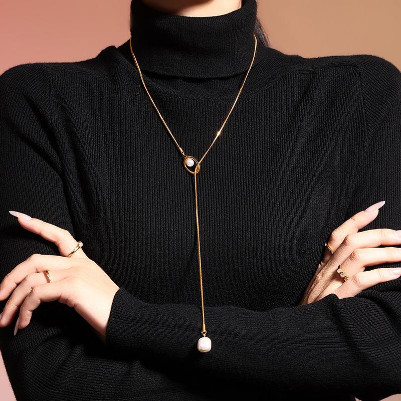 French Style Imitation Pearl Long Adjustable Pull Sweater Necklace Stainless Steel Luxury Jewelry For Women