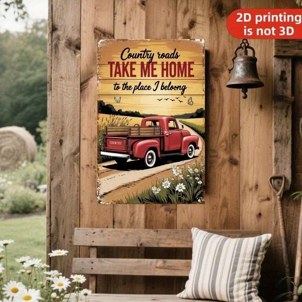 Rustic Red Truck Metal Sign Country Road Farmhouse Cabin Barn Wall Decor