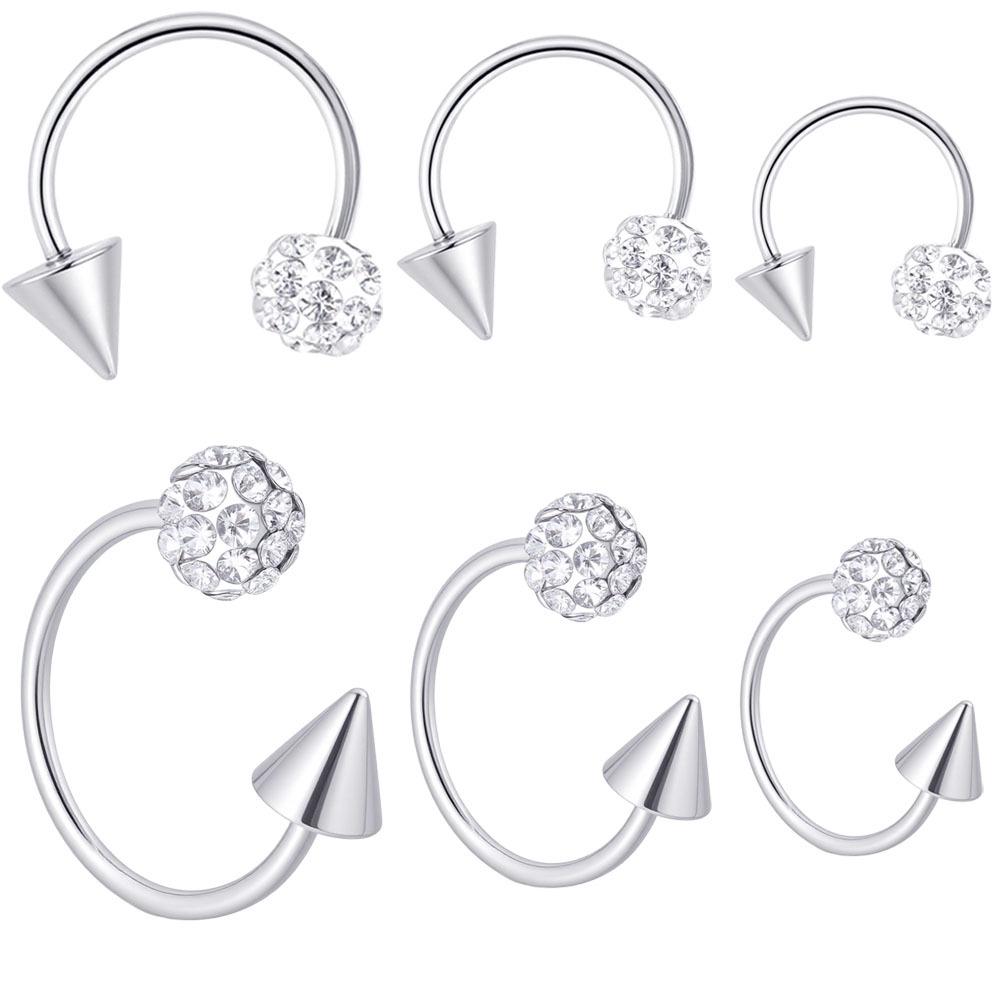 Shamballa Kristal Toplu ve Konik Uçlu C Şekilli Titanyum Barbell - Parlak At Nalı Dudak ve Burun Halkası Piercing