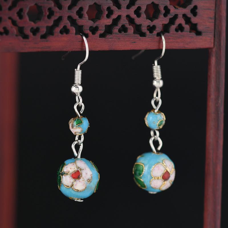 Chinese Cloisonne Retro Round Bead Earrings Handmade Silk Enamel Earrings Simple Antique Cheongsam Earrings Female 12mm