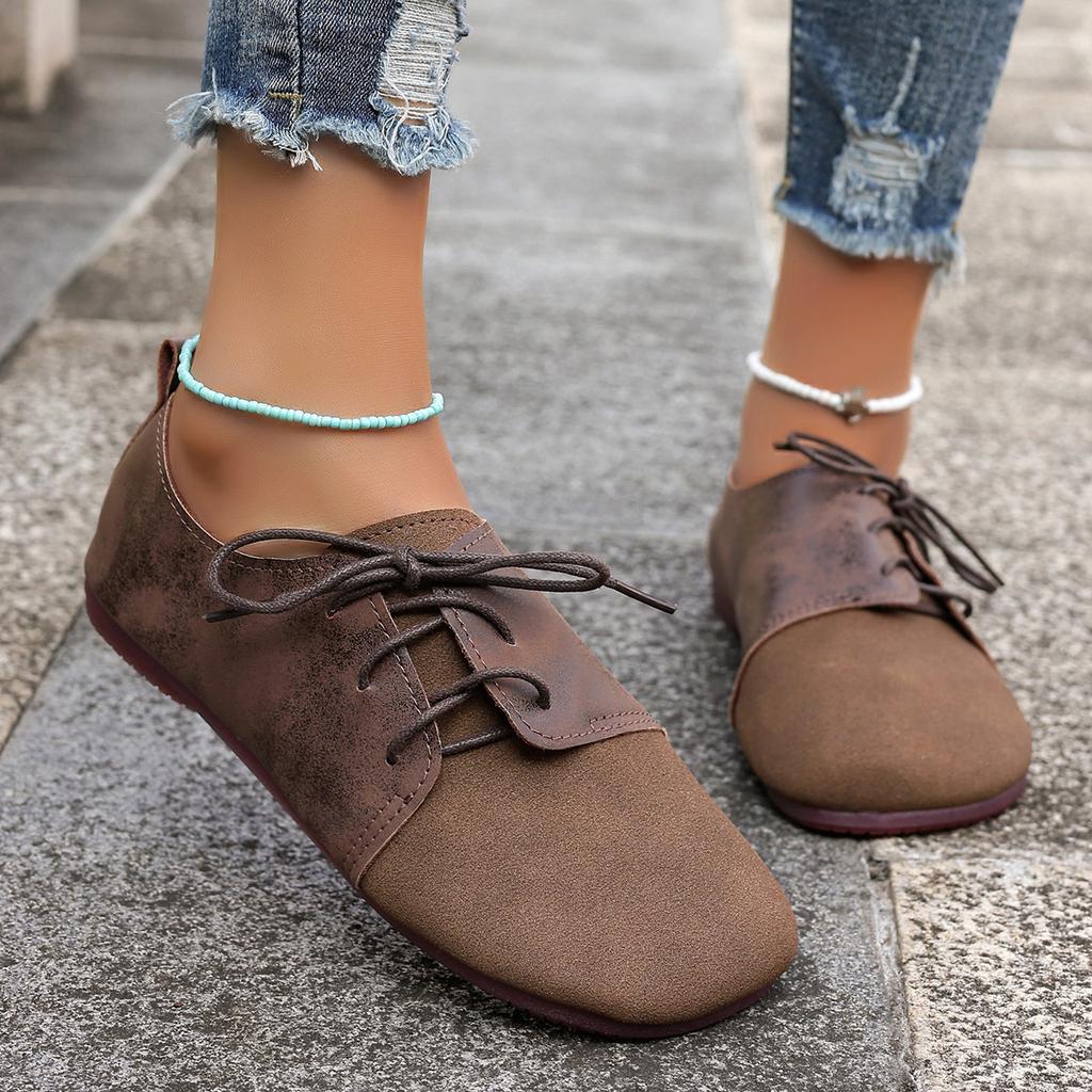 Große Damenschuhe Retro-Stil Flachsohlige Lässige Allround-Damen-Single-Schuhe Niedrig geschnittene Schnürung vorne Erbsenschuhe
