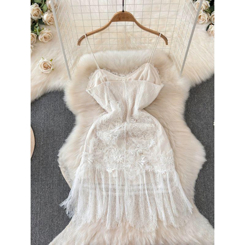 White Lace Feather Slip Dress Summer Fairy Heavy Work V Neck Elegant Birthday Dress Sexy Pure Dress