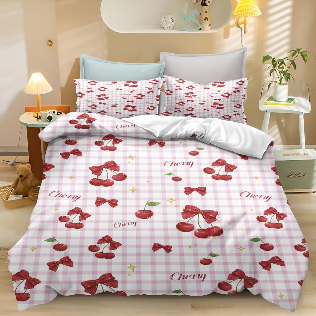 Cherry Flowers Quilt Duvet Cartoon Cover Queen Size Comforter Bedding Sets King Cute Printed Children Cartoon 3-Piece Set