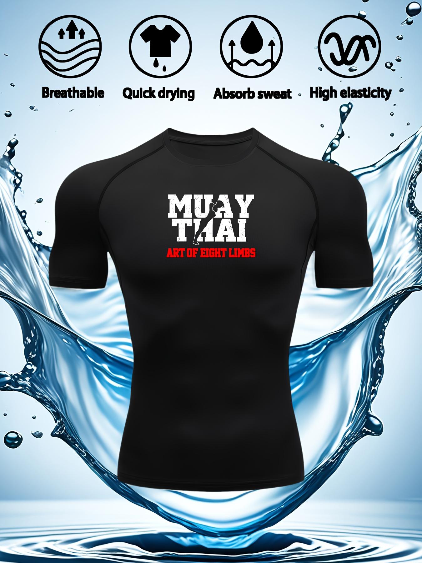 Men s Grey Compression T-Shirt with MUAY THAI Art of 8 Limbs Print, Breathable Quick Drying High Elasticity Muay Thai & MMA Training Top S чёрный