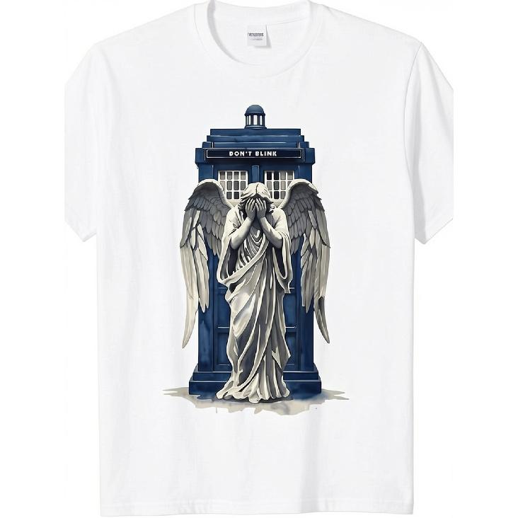 A T-Shirt Showcasing a Crying Angel And a Blue Police Box, Ideal for Fans, Everyday Use, And Science Fiction Lovers