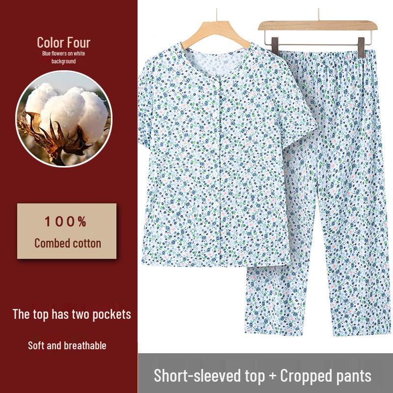 

New Cotton Summer Cardigan Suit Set for Middle-Aged & Elderly Women - Comfortable Two-Piece Outfit XL (80-95 lbs)