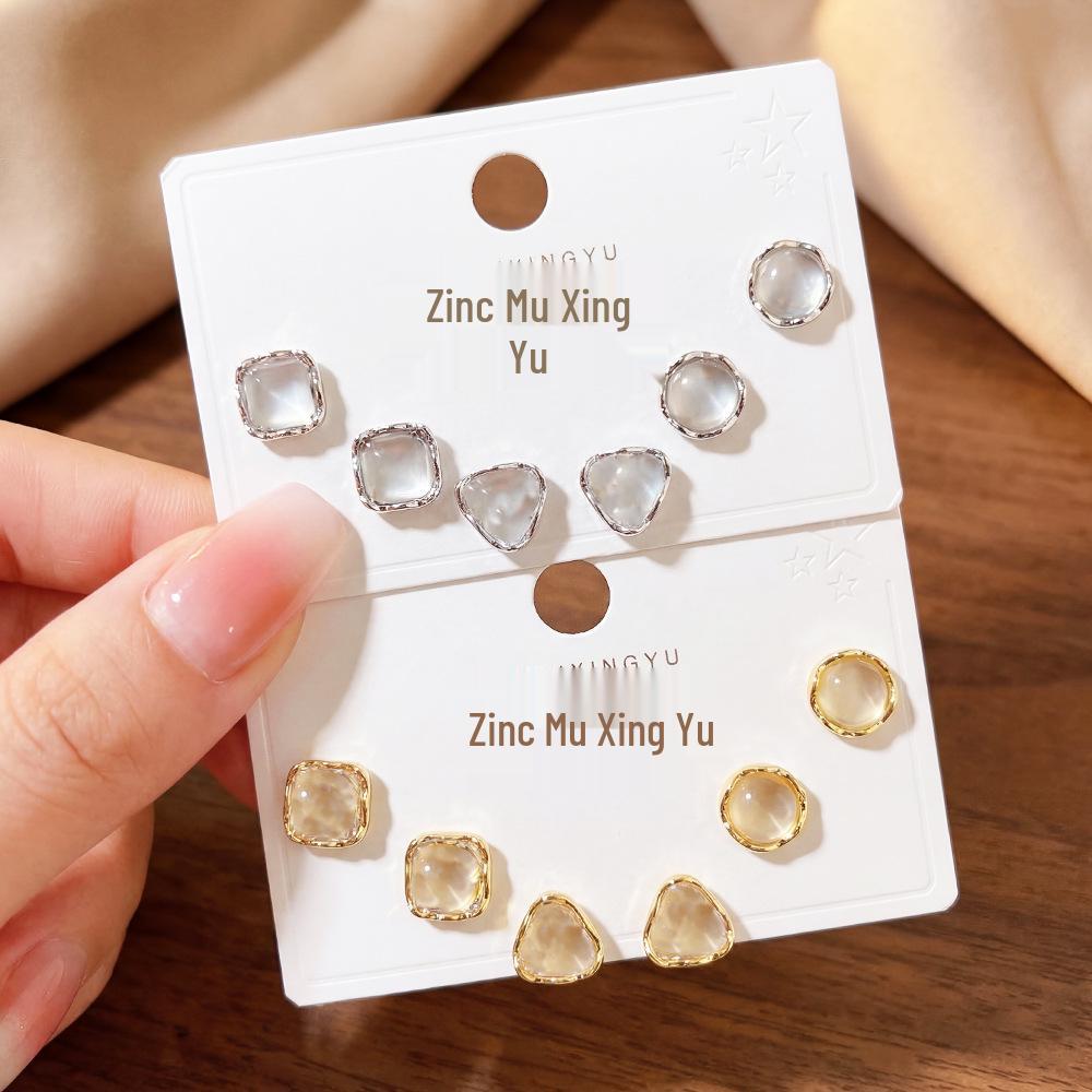 S925 Sterling Silver Geometric Cat's Eye Stud Earrings (3 Pairs) - Elegant & Simple Jewelry for Women